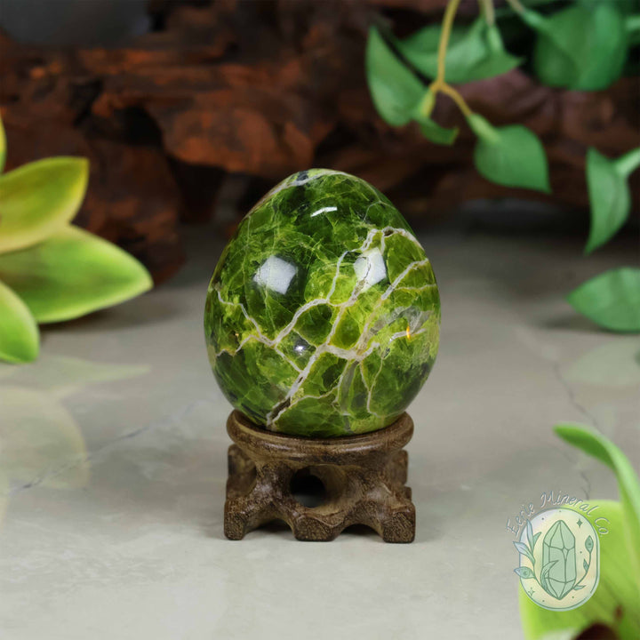 Green Opal Egg Carving with Free Hand-Carved Stand