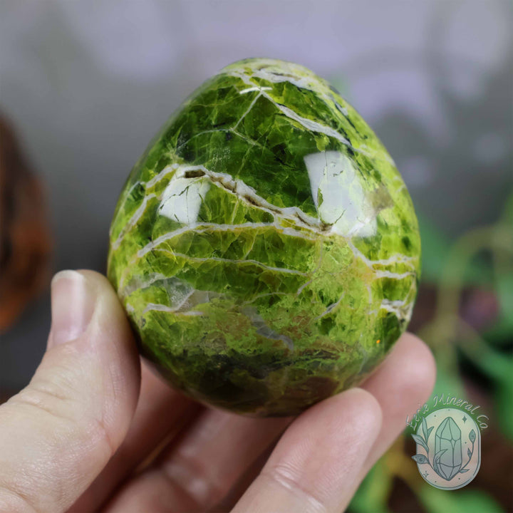 Green Opal Egg Carving with Free Hand-Carved Stand