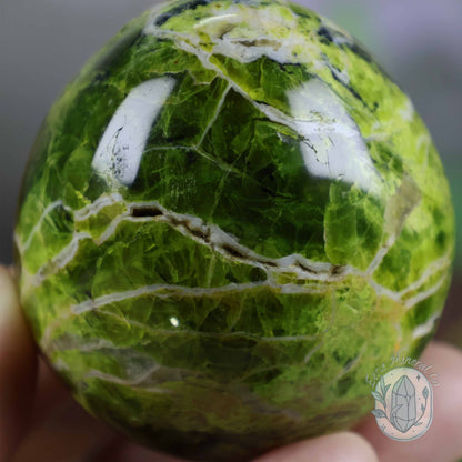 Green Opal Egg Carving with Free Hand-Carved Stand