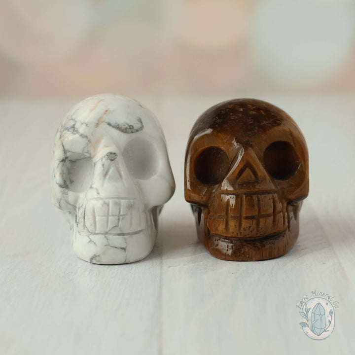 2" Howlite and Tiger's Eye Skull Carving Pair