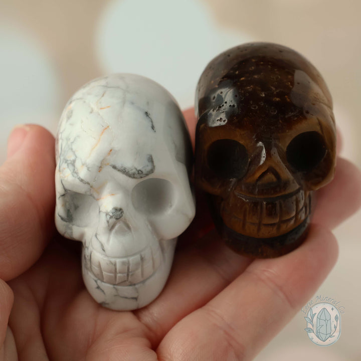 2" Howlite and Tiger's Eye Skull Carving Pair