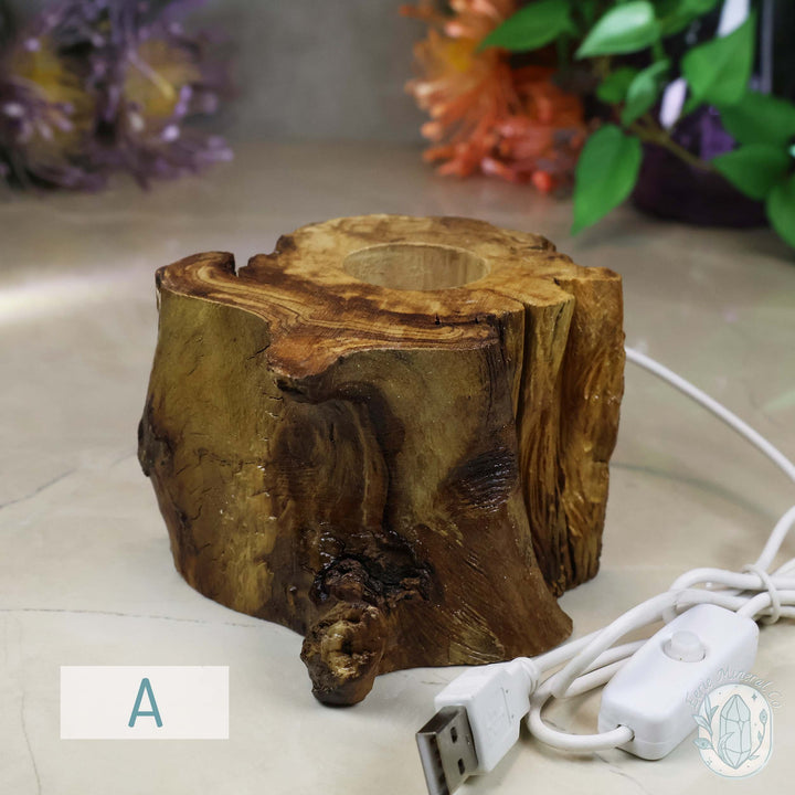 USB Powered Wood Stump LED Cool White Light Sphere Stand