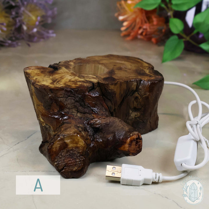 USB Powered Wood Stump LED Cool White Light Sphere Stand