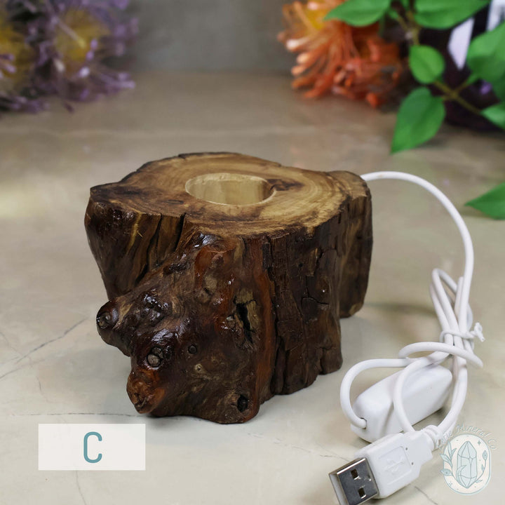 USB Powered Wood Stump LED Cool White Light Sphere Stand