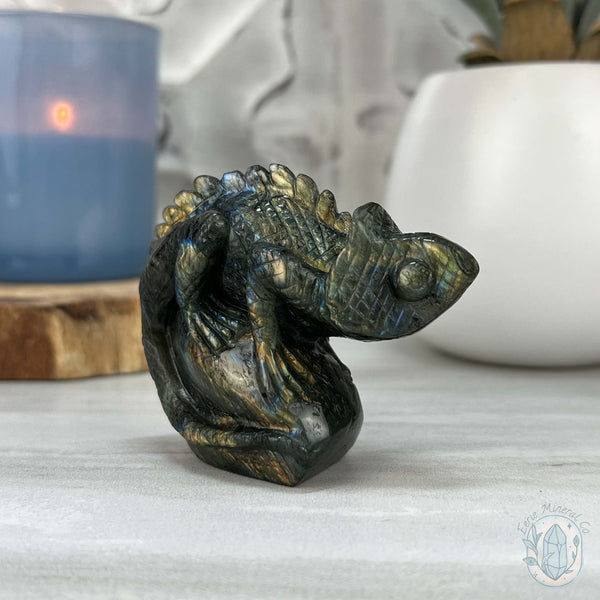 Gold and Blue Flash Labradorite Chameleon Carving