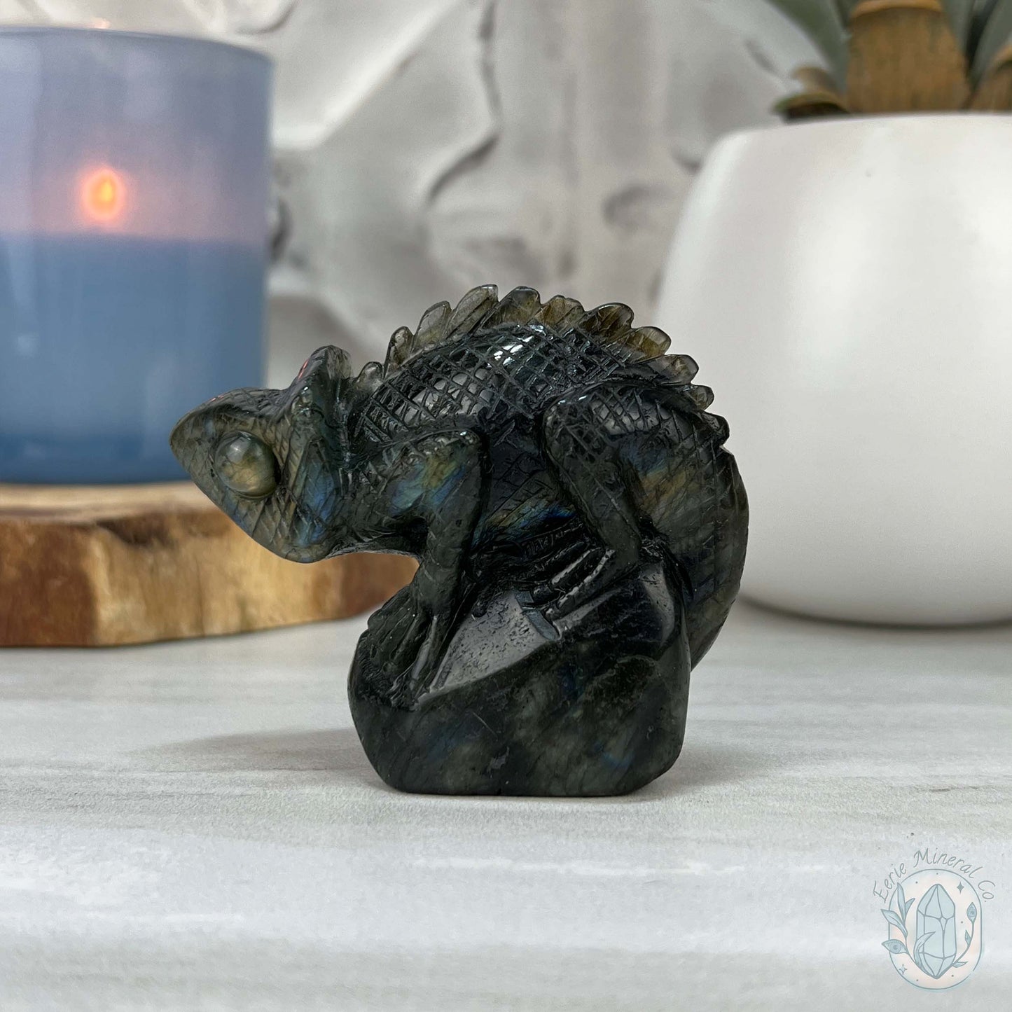 Gold and Blue Flash Labradorite Chameleon Carving