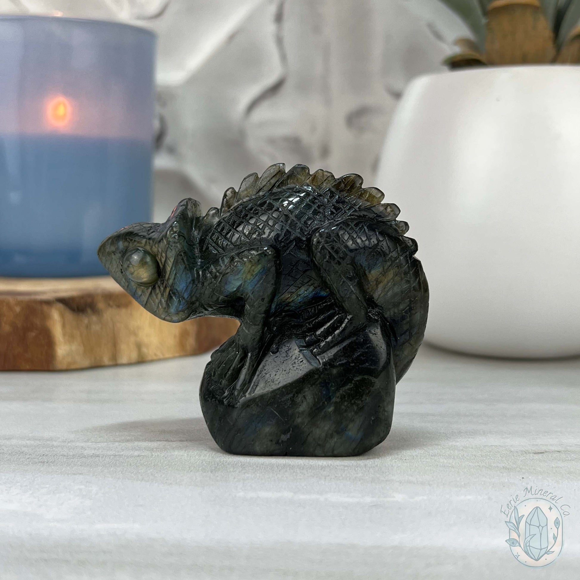 Gold and Blue Flash Labradorite Chameleon Carving