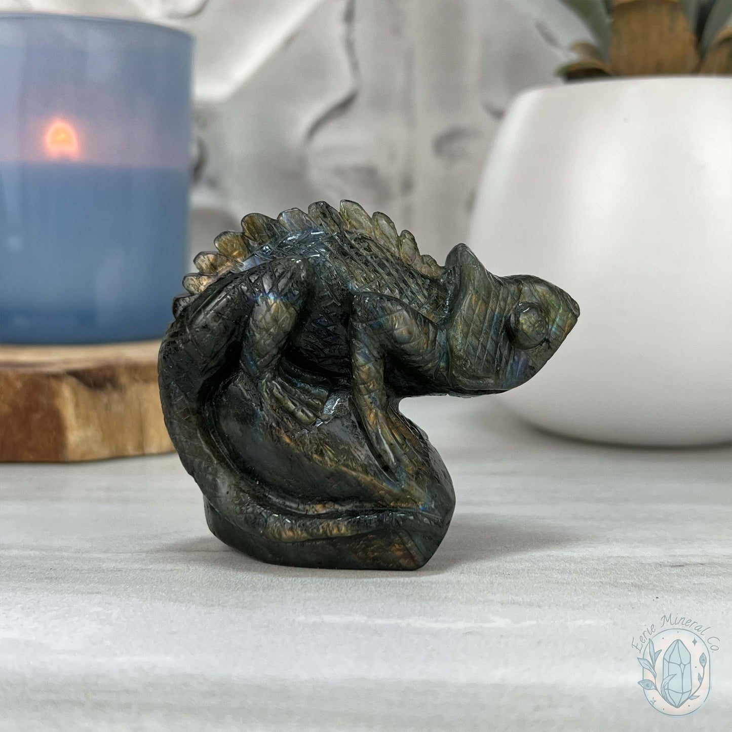 Gold and Blue Flash Labradorite Chameleon Carving