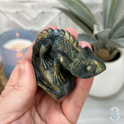 Gold and Blue Flash Labradorite Chameleon Carving