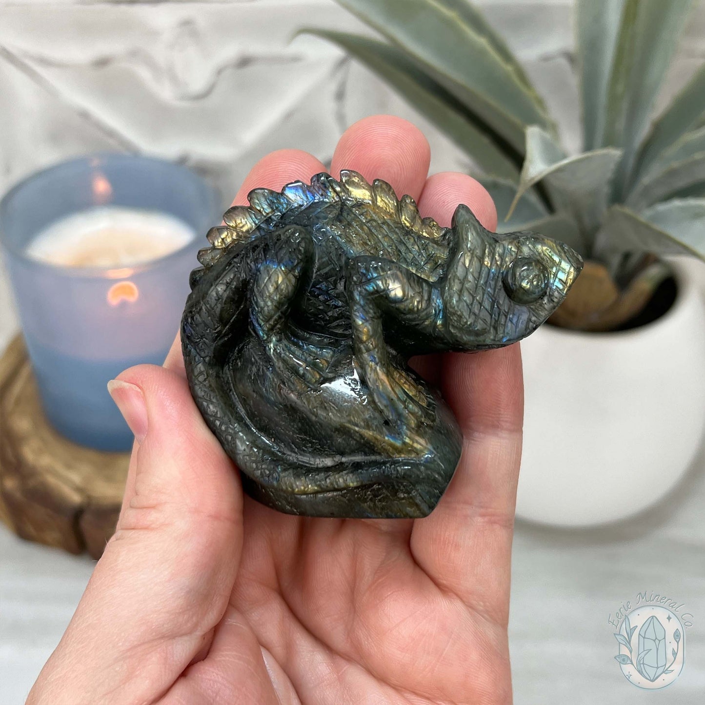 Gold and Blue Flash Labradorite Chameleon Carving