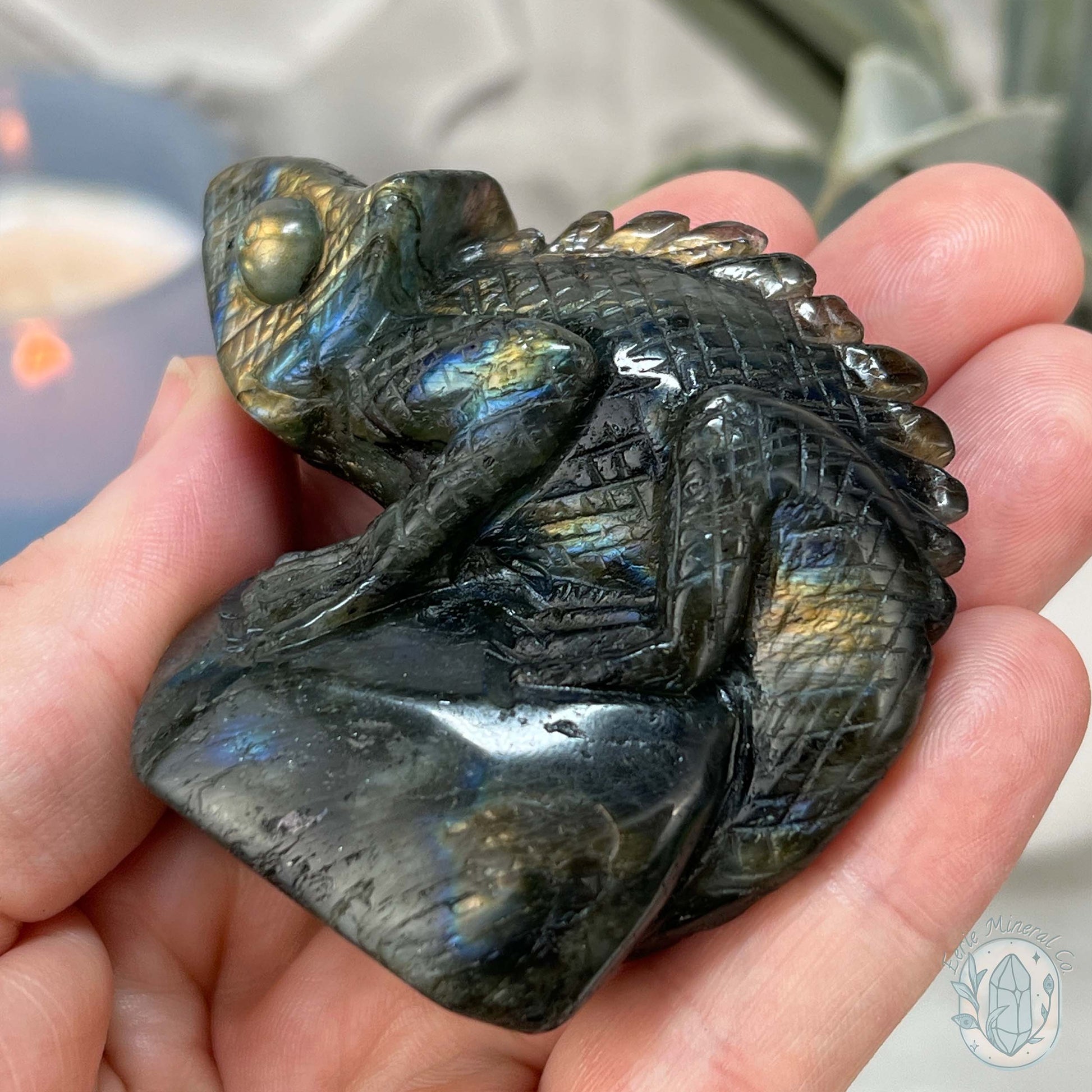 Gold and Blue Flash Labradorite Chameleon Carving
