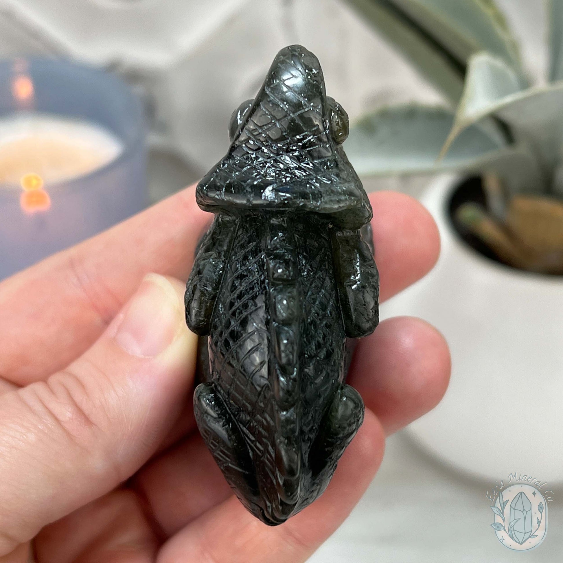 Gold and Blue Flash Labradorite Chameleon Carving