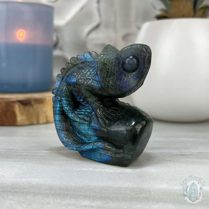 Hand Carved Blue Flash Labradorite Chameleon Carving