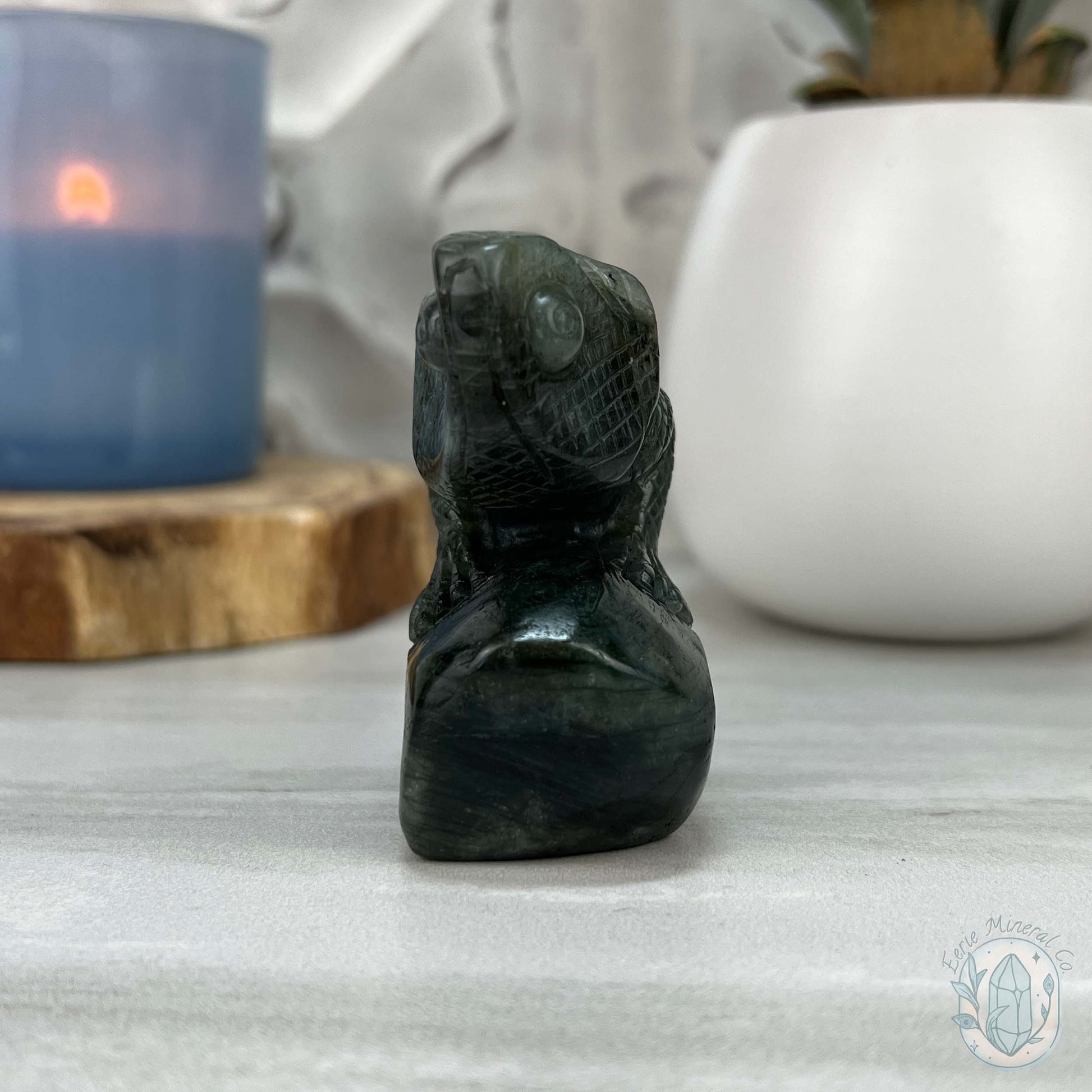 Hand Carved Blue Flash Labradorite Chameleon Carving