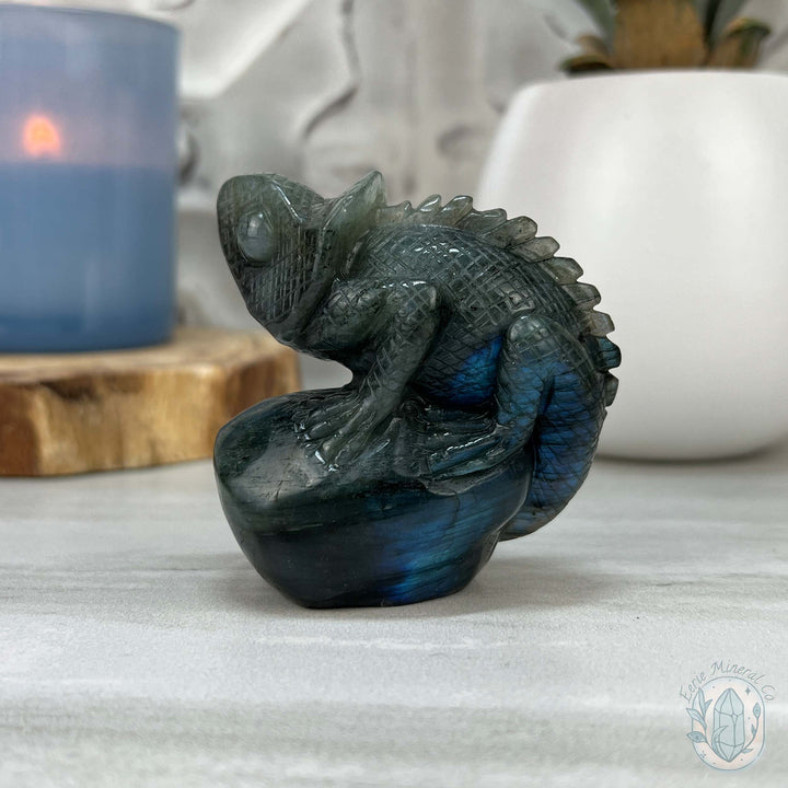 Hand Carved Blue Flash Labradorite Chameleon Carving