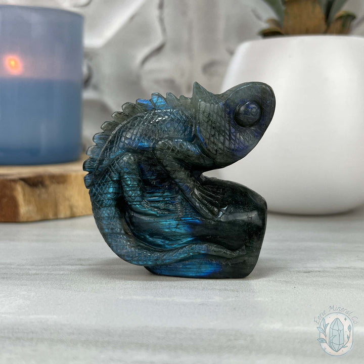 Hand Carved Blue Flash Labradorite Chameleon Carving