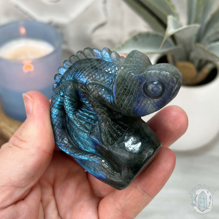 Hand Carved Blue Flash Labradorite Chameleon Carving