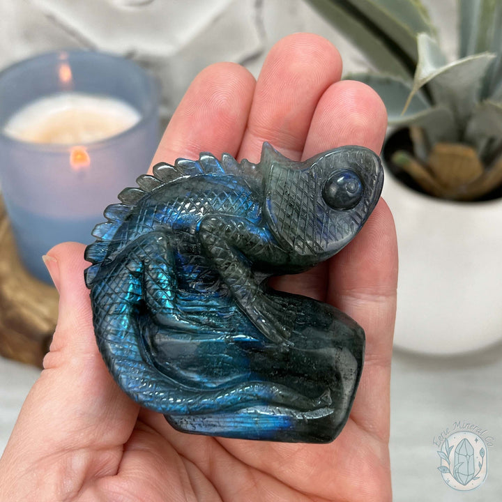 Hand Carved Blue Flash Labradorite Chameleon Carving