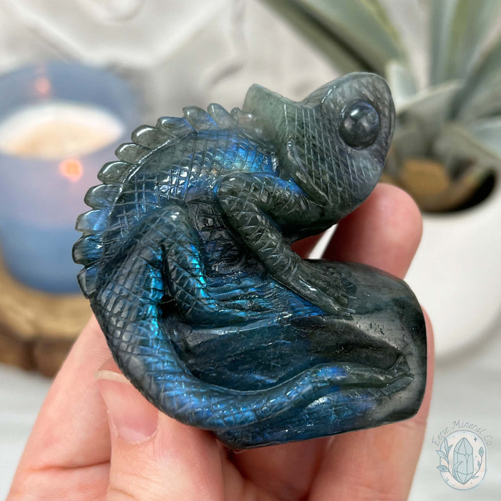 Hand Carved Blue Flash Labradorite Chameleon Carving