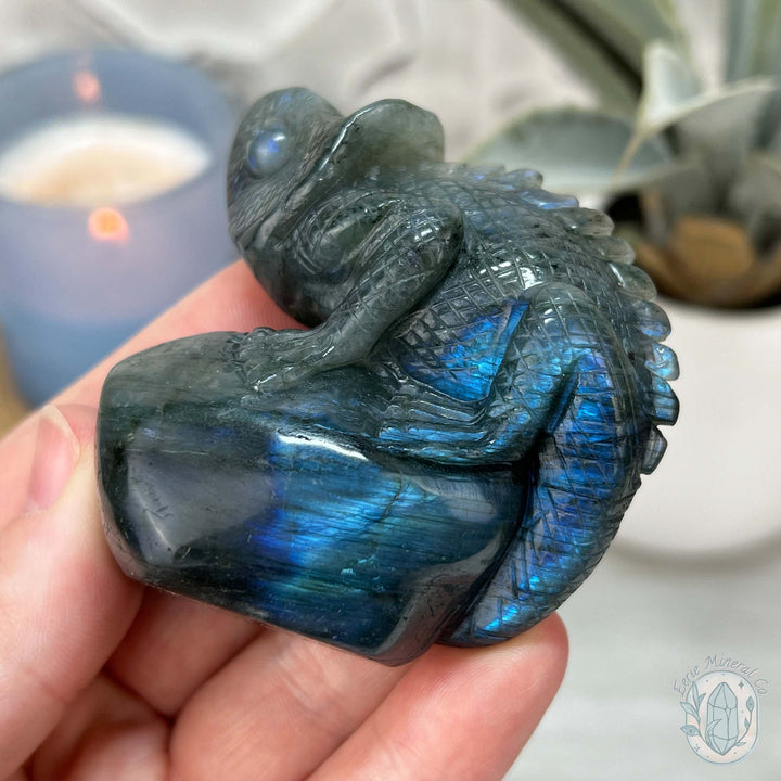 Hand Carved Blue Flash Labradorite Chameleon Carving