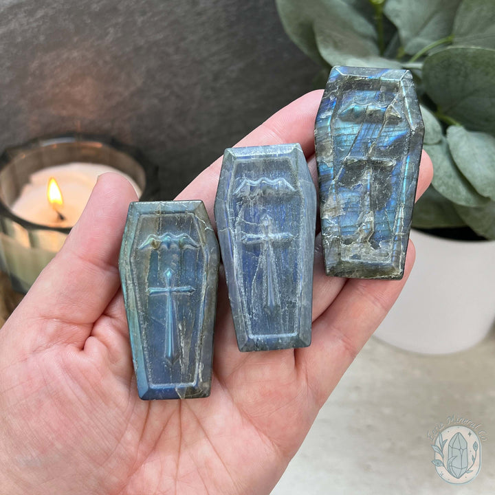 Blue Flash Labradorite Halloween Coffin Carvings