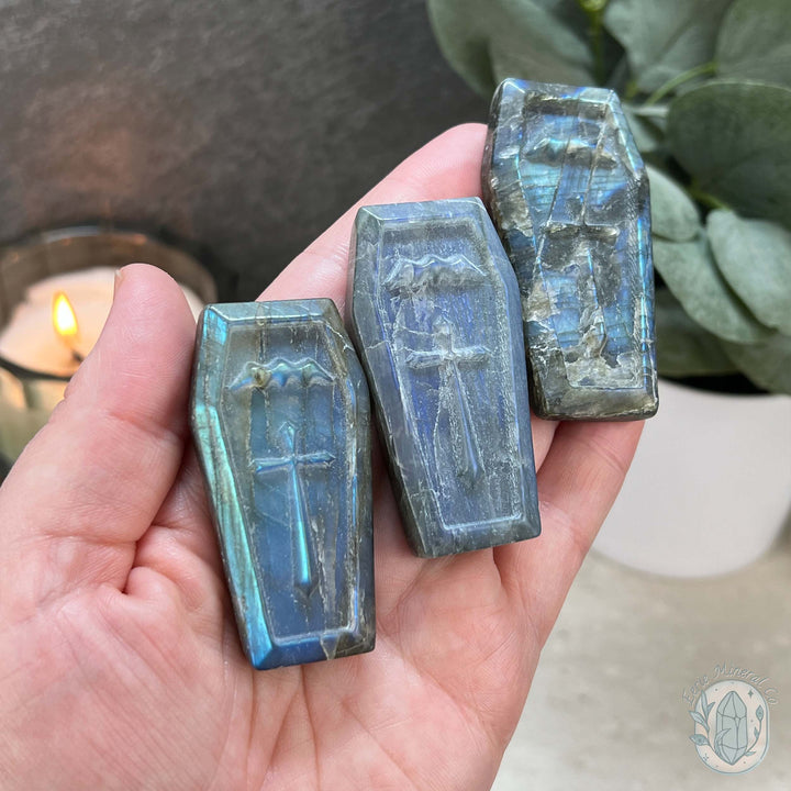 Blue Flash Labradorite Halloween Coffin Carvings