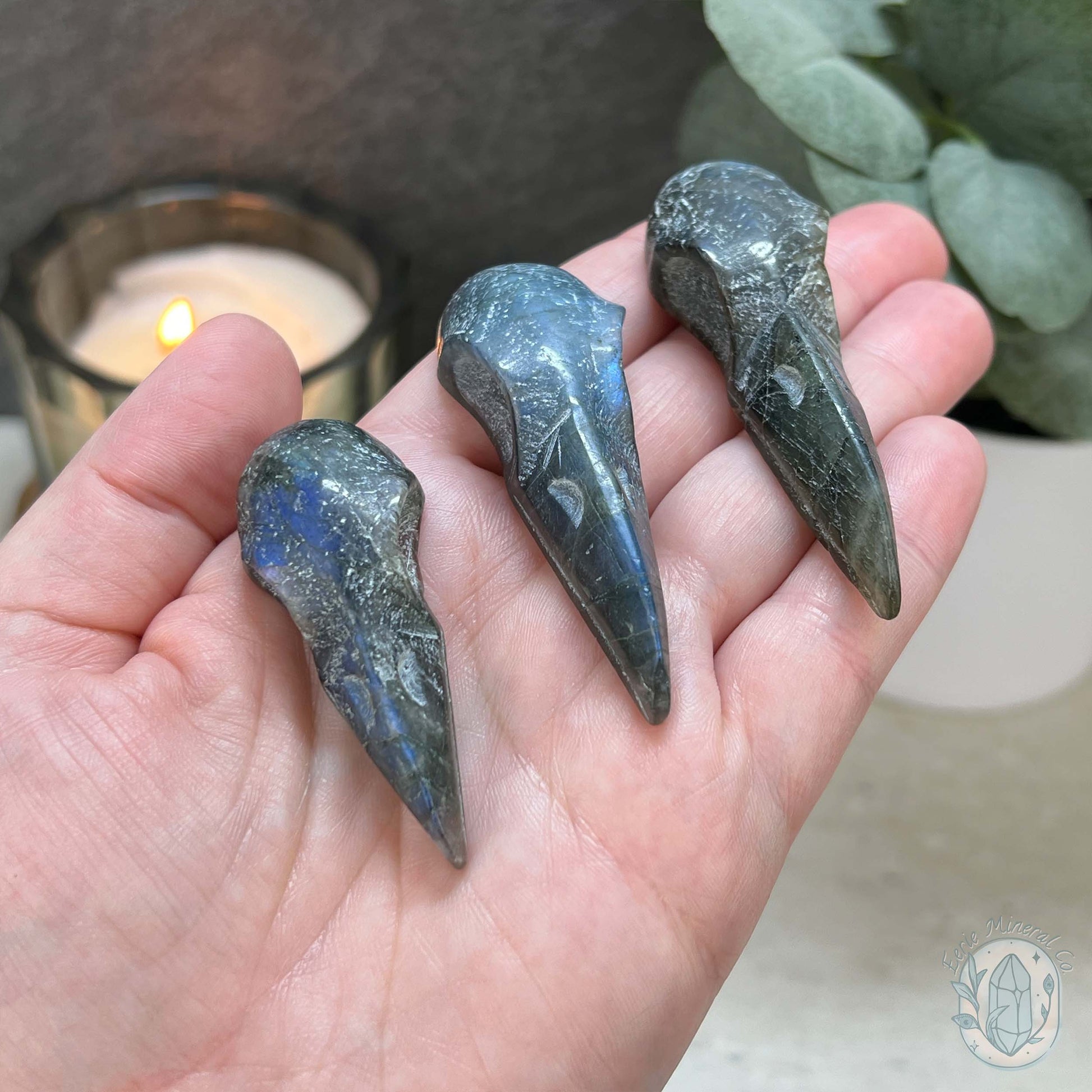 Blue Flash Labradorite Raven Skull Carvings
