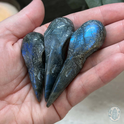 Blue Flash Labradorite Raven Skull Carvings