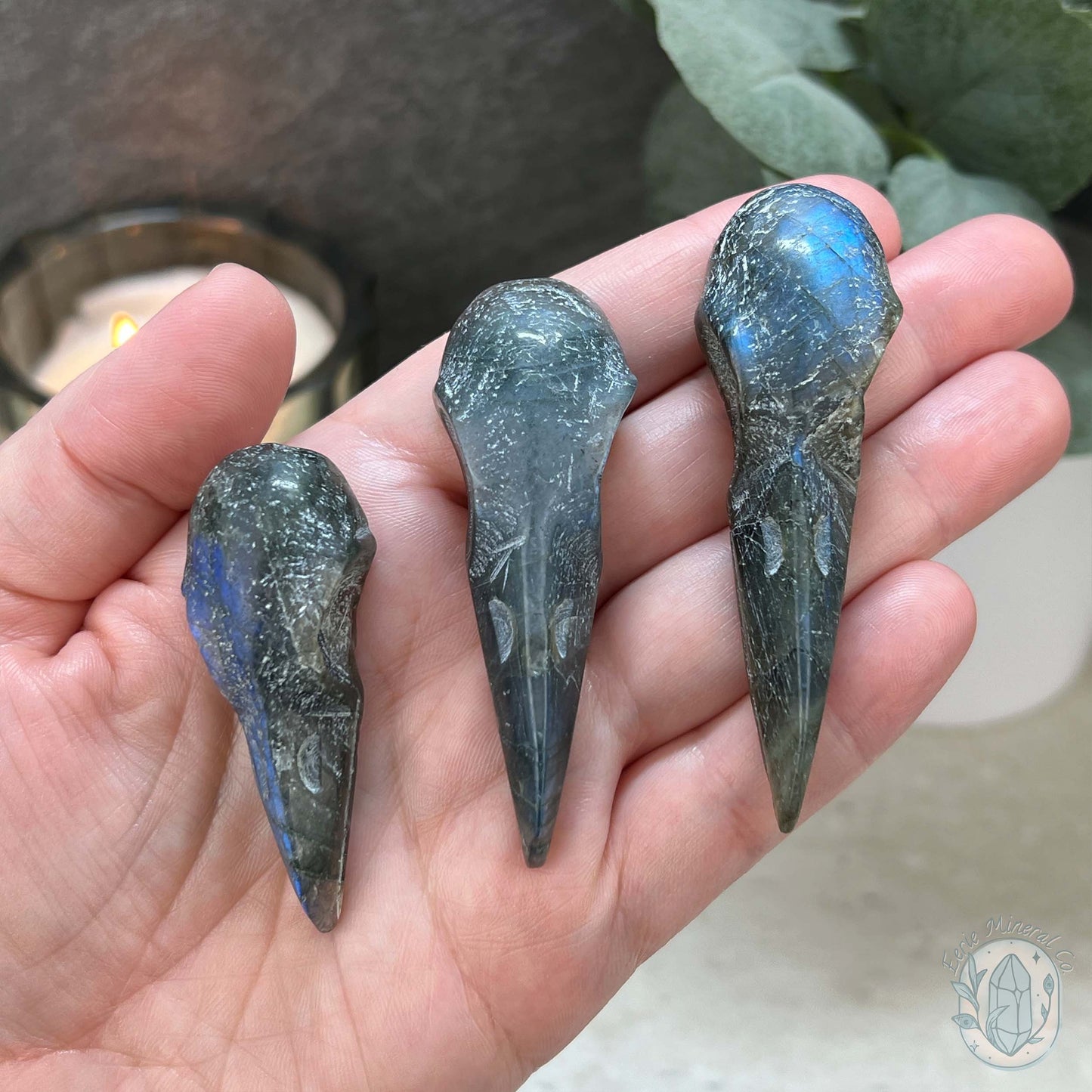 Blue Flash Labradorite Raven Skull Carvings