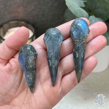 Blue Flash Labradorite Raven Skull Carvings