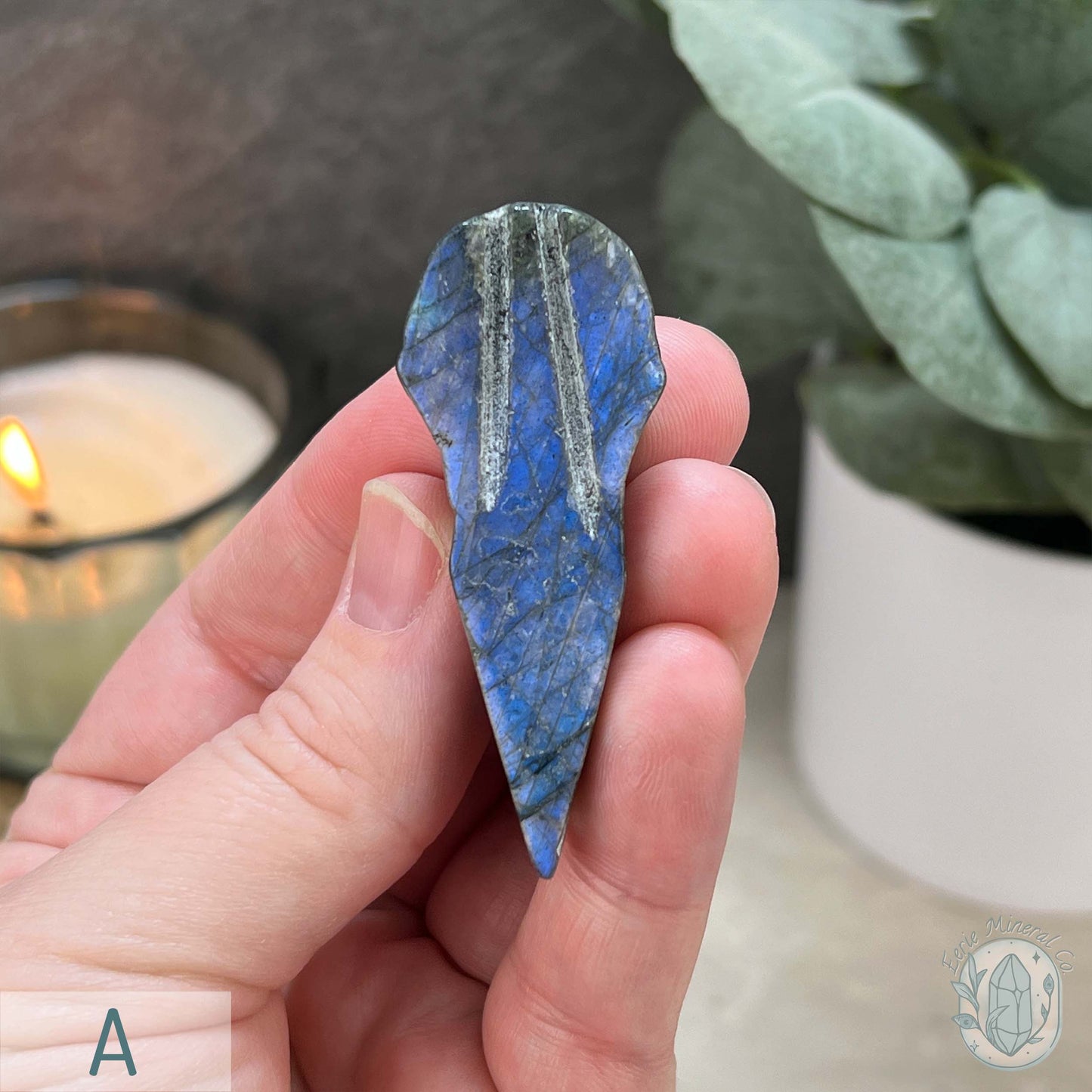 Blue Flash Labradorite Raven Skull Carvings
