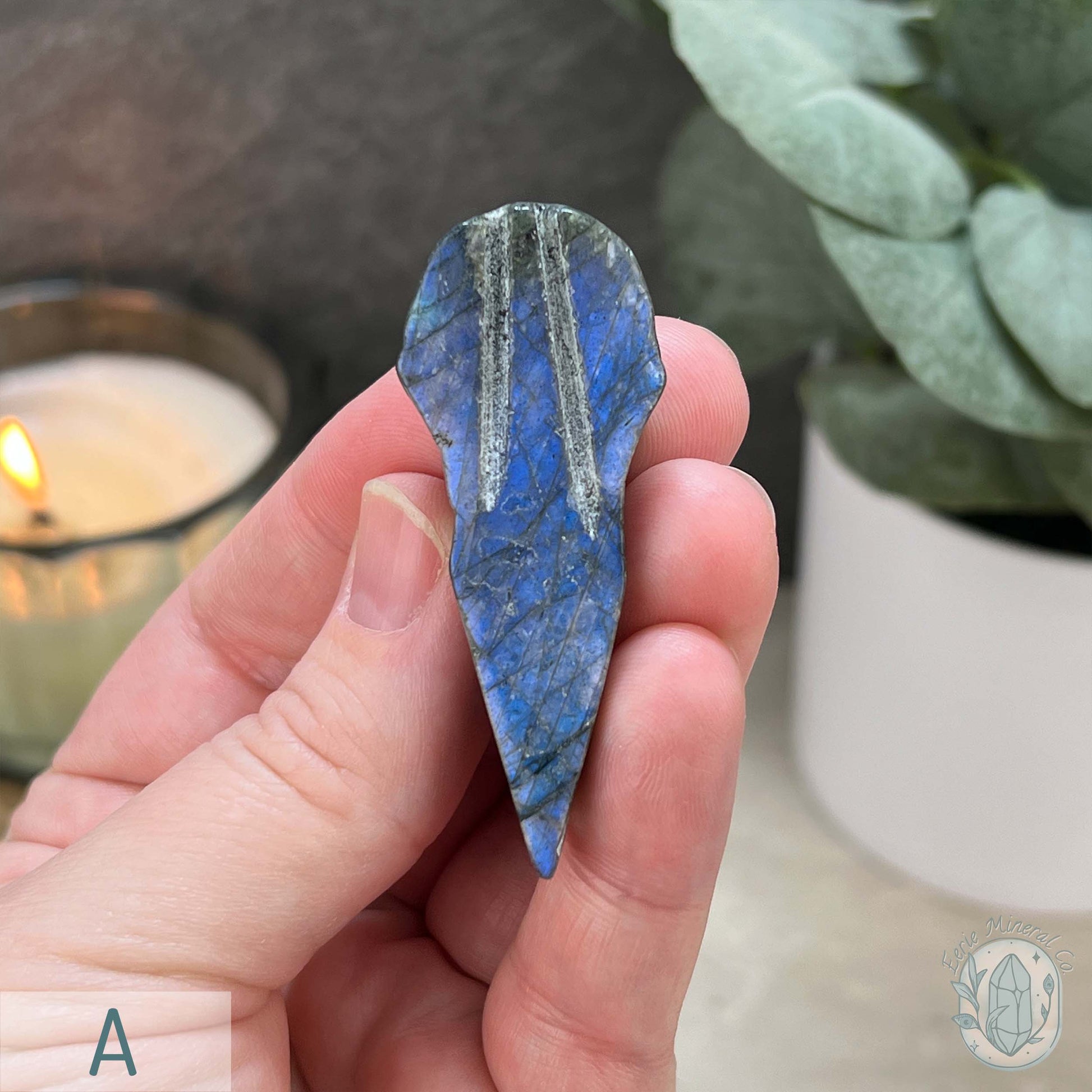 Blue Flash Labradorite Raven Skull Carvings