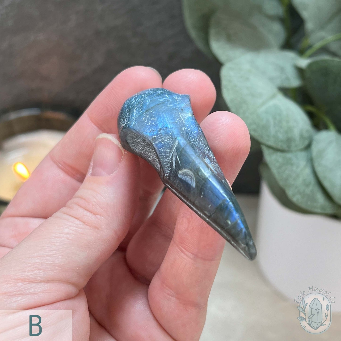Blue Flash Labradorite Raven Skull Carvings