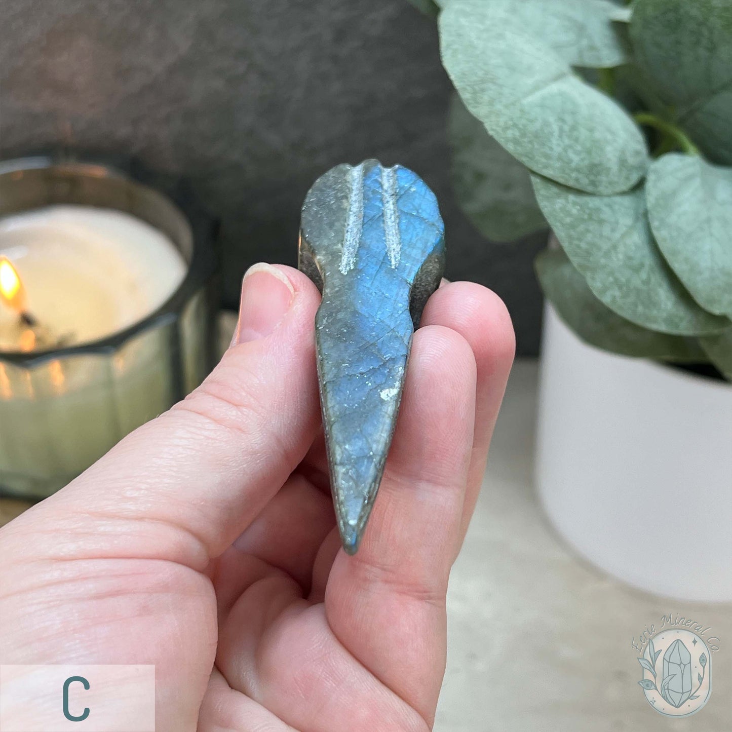 Blue Flash Labradorite Raven Skull Carvings