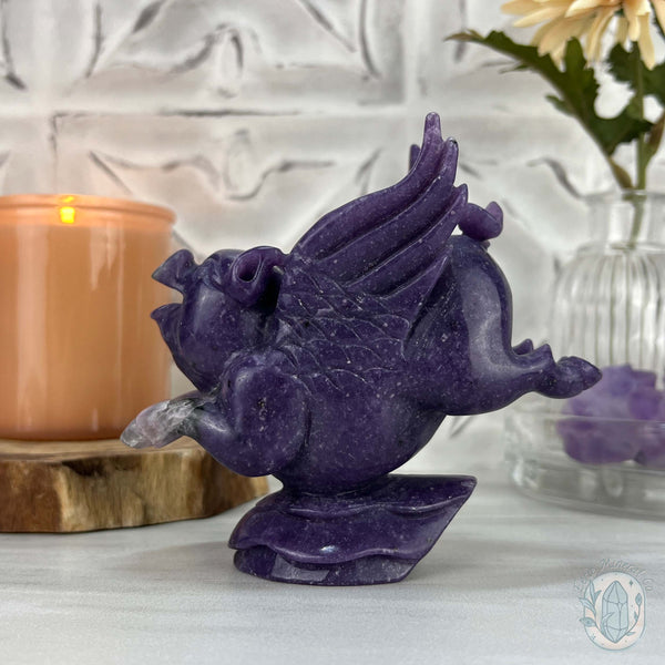 Whimsical Purple Lepidolite Flying Pig Carving