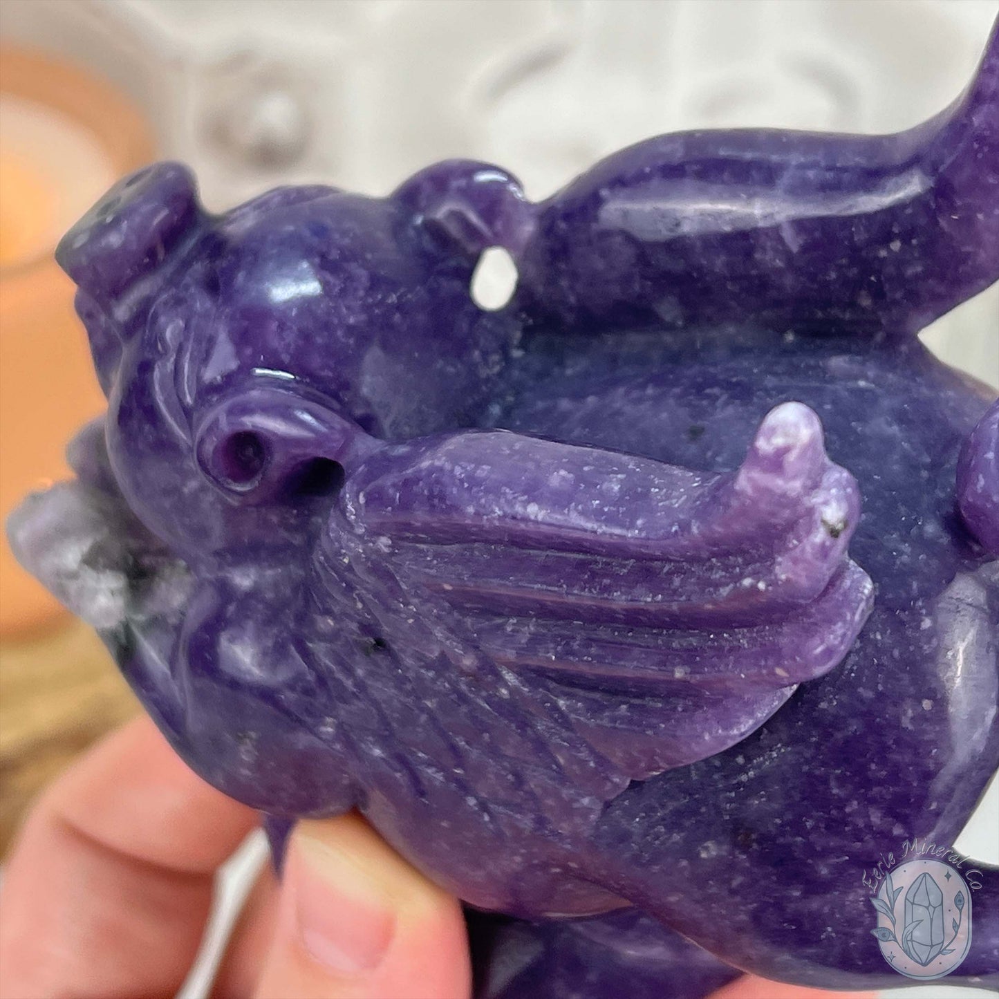 Whimsical Purple Lepidolite Flying Pig Carving