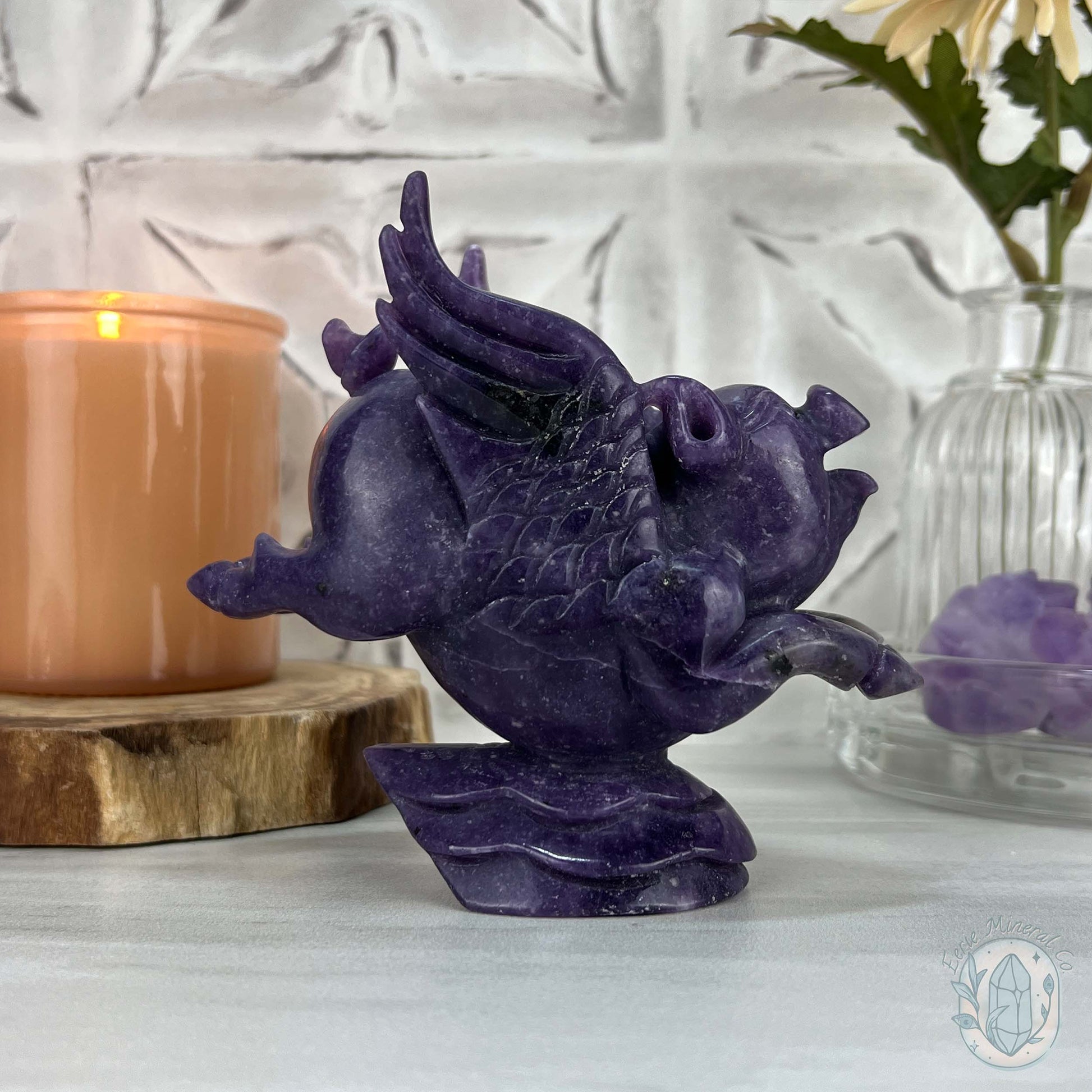 Whimsical Purple Lepidolite Flying Pig Carving