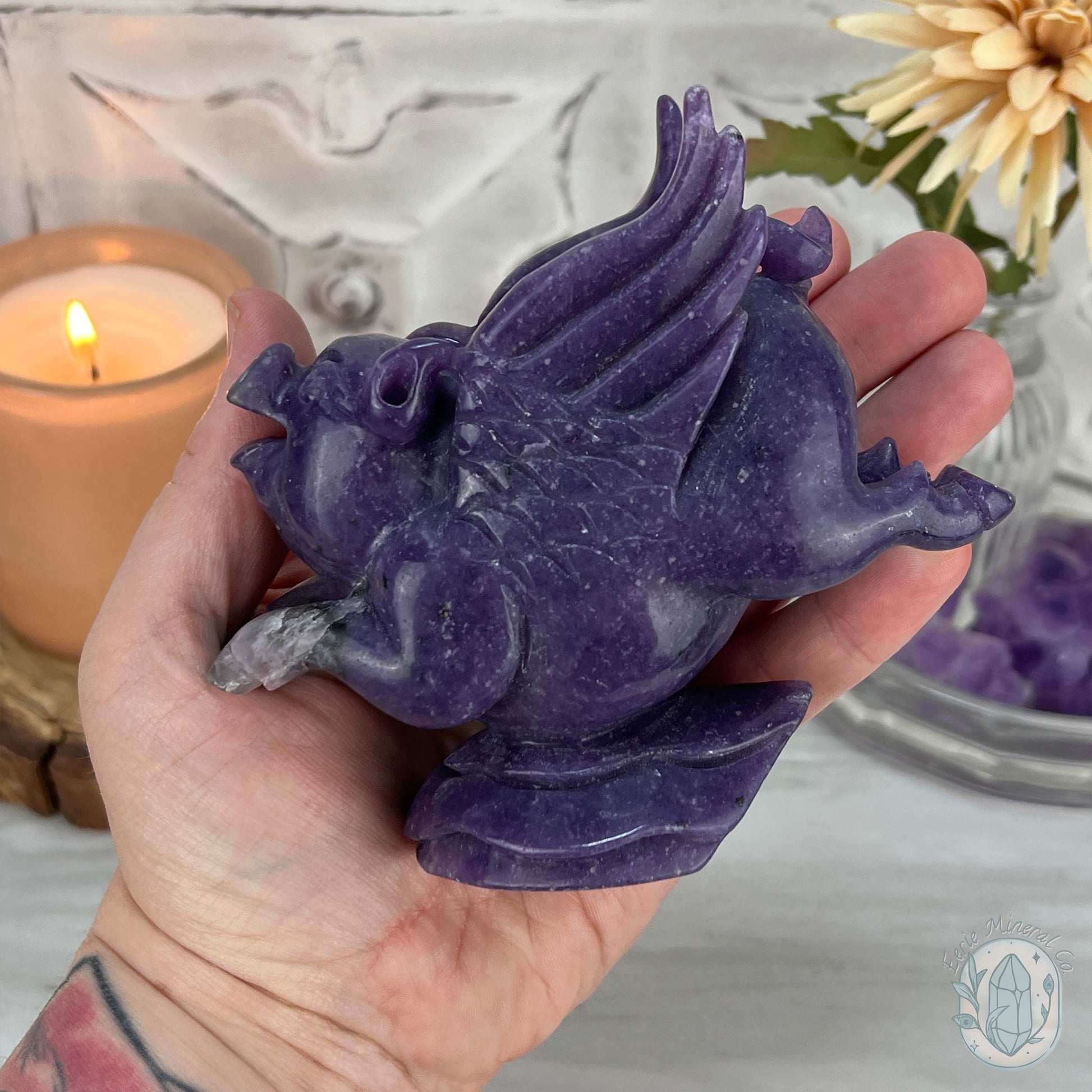 Whimsical Purple Lepidolite Flying Pig Carving
