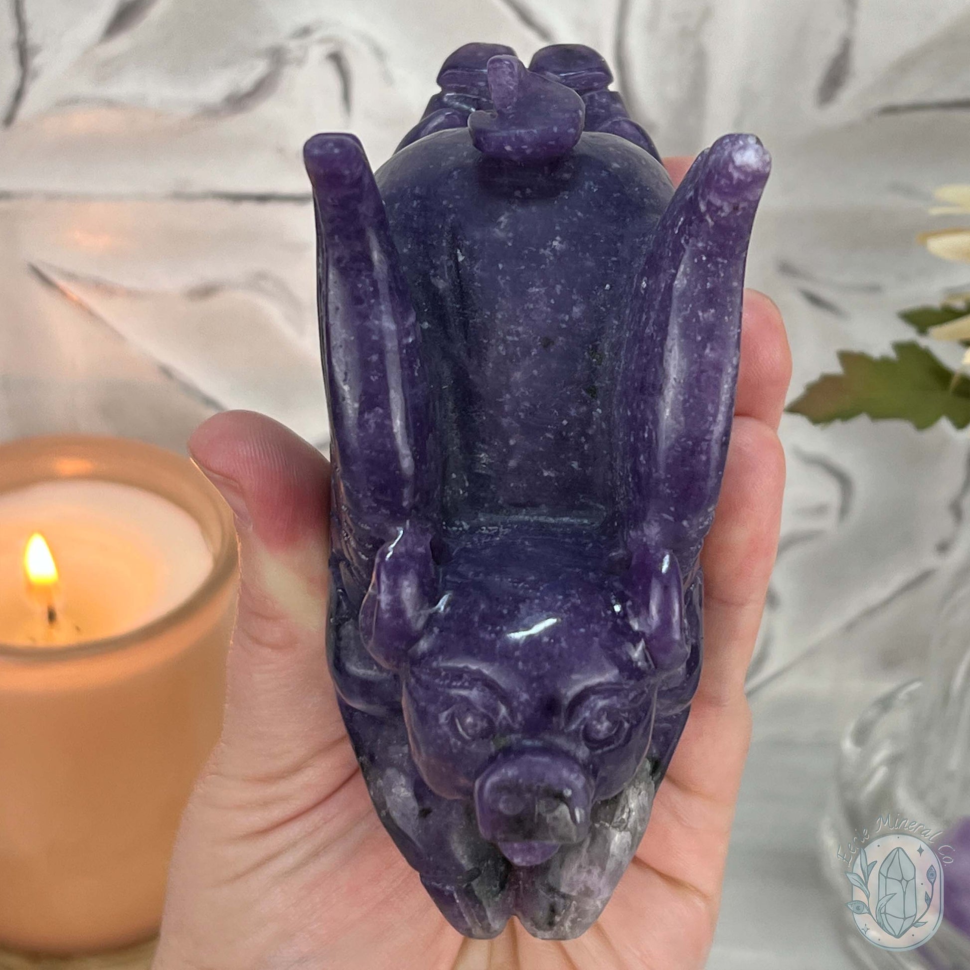 Whimsical Purple Lepidolite Flying Pig Carving