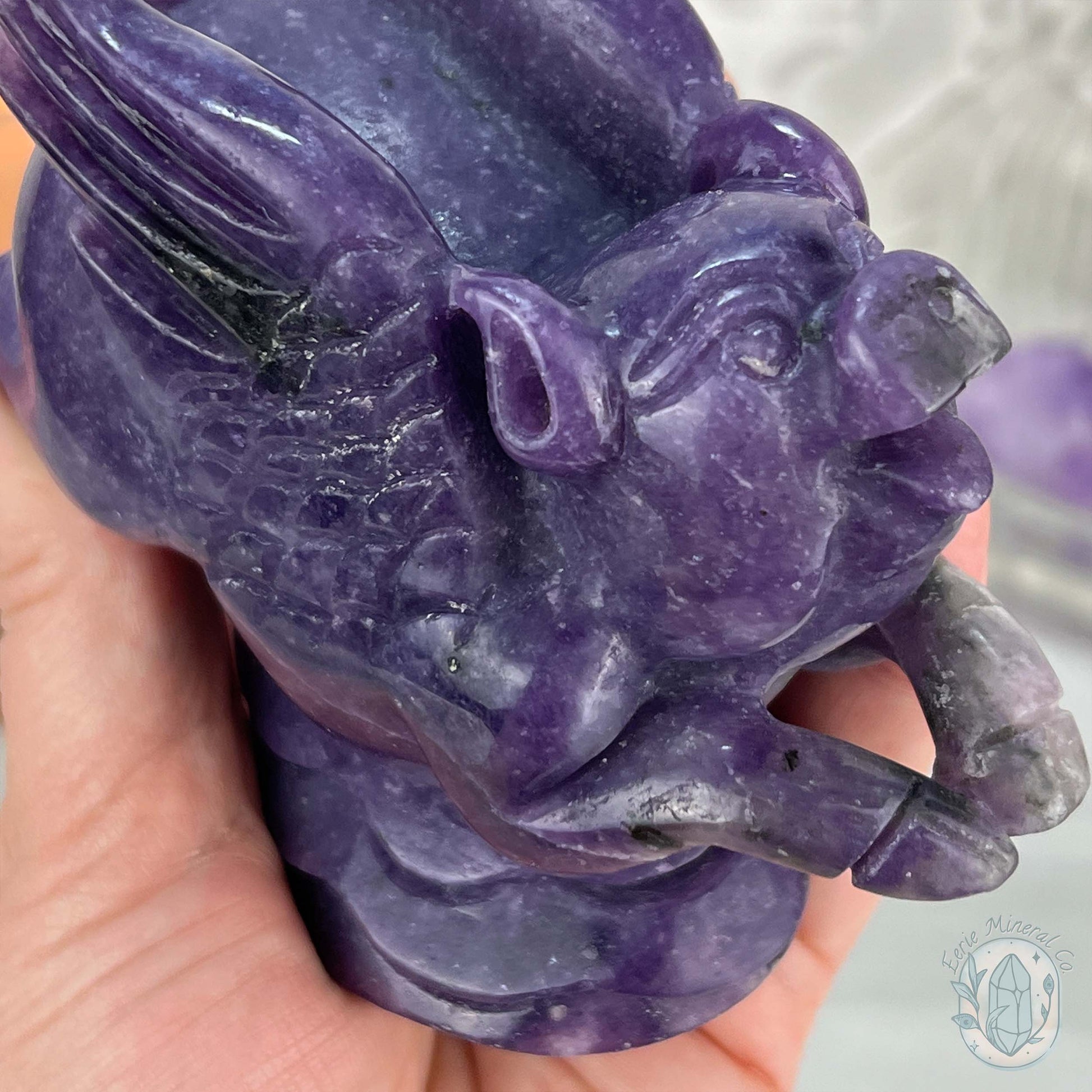Whimsical Purple Lepidolite Flying Pig Carving