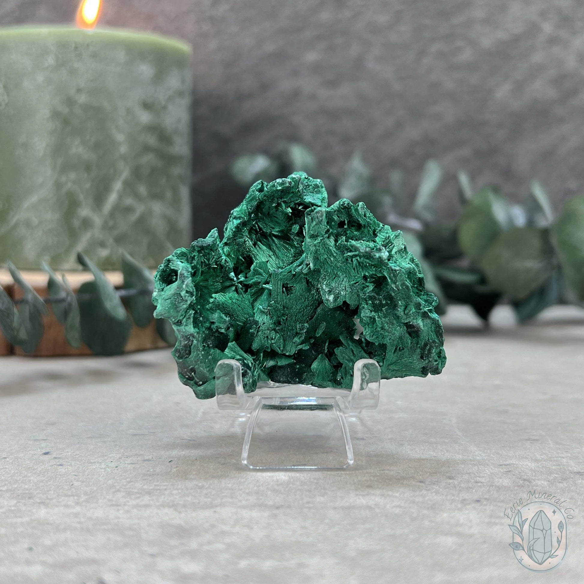 Natural Fibrous Silky Malachite Specimen With Stand