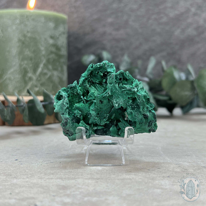 Natural Fibrous Silky Malachite Specimen With Stand