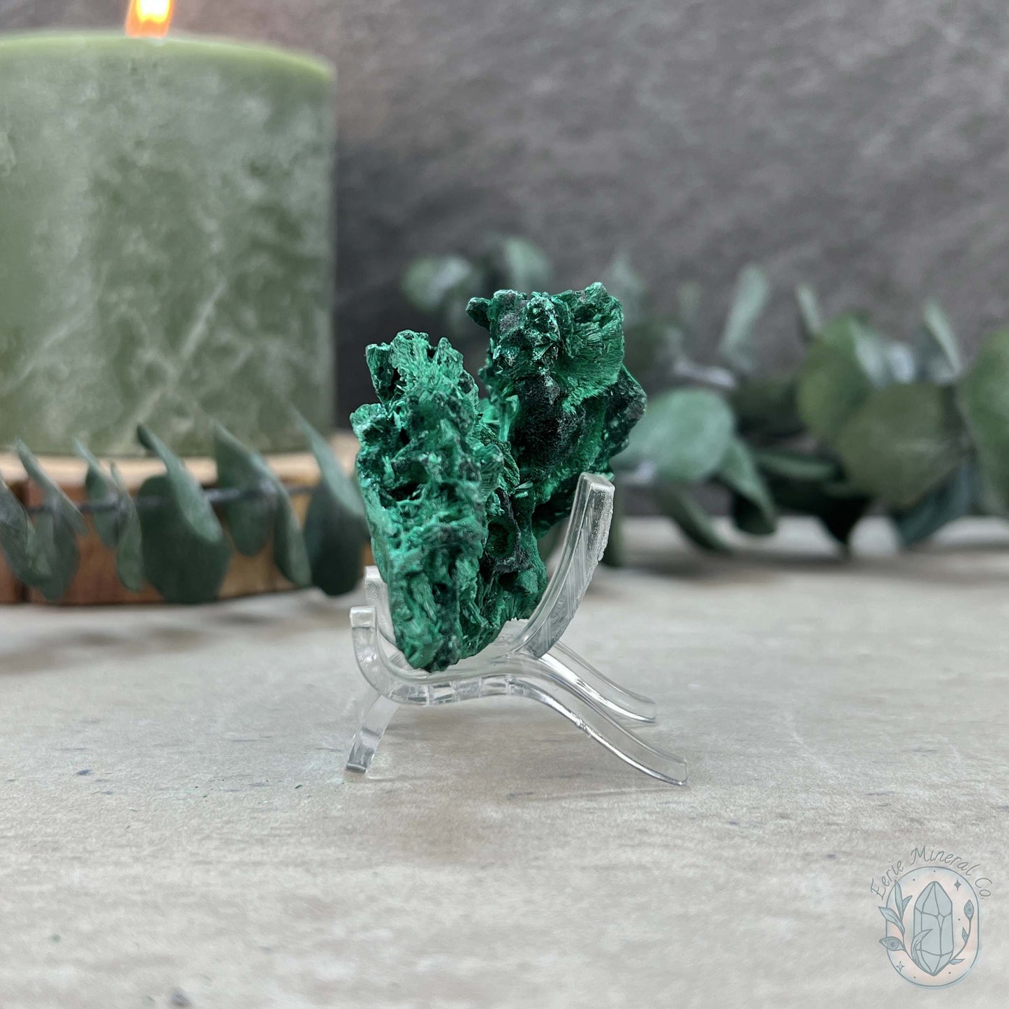 Natural Fibrous Silky Malachite Specimen With Stand