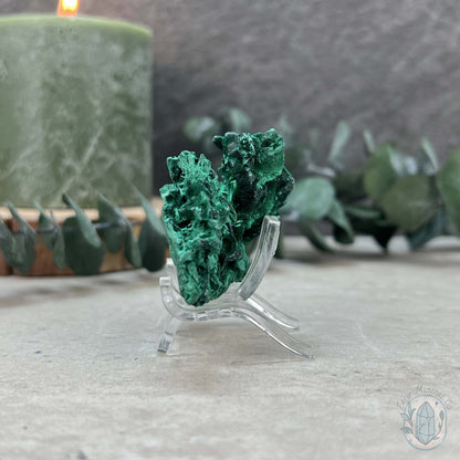 Natural Fibrous Silky Malachite Specimen With Stand