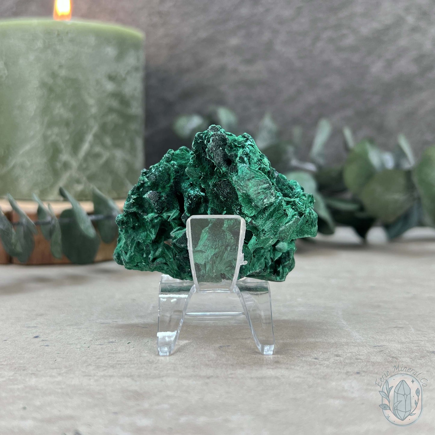 Natural Fibrous Silky Malachite Specimen With Stand
