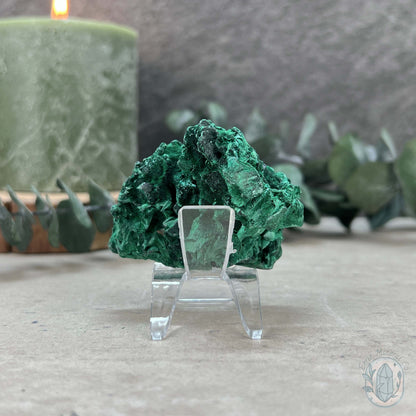 Natural Fibrous Silky Malachite Specimen With Stand