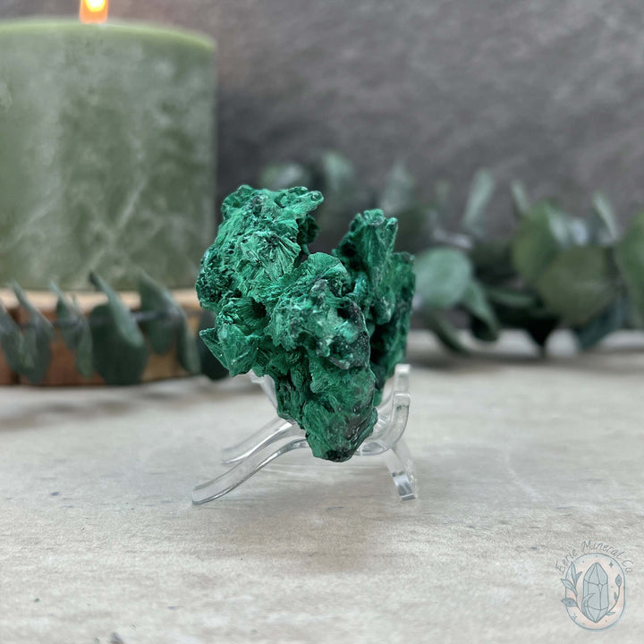 Natural Fibrous Silky Malachite Specimen With Stand