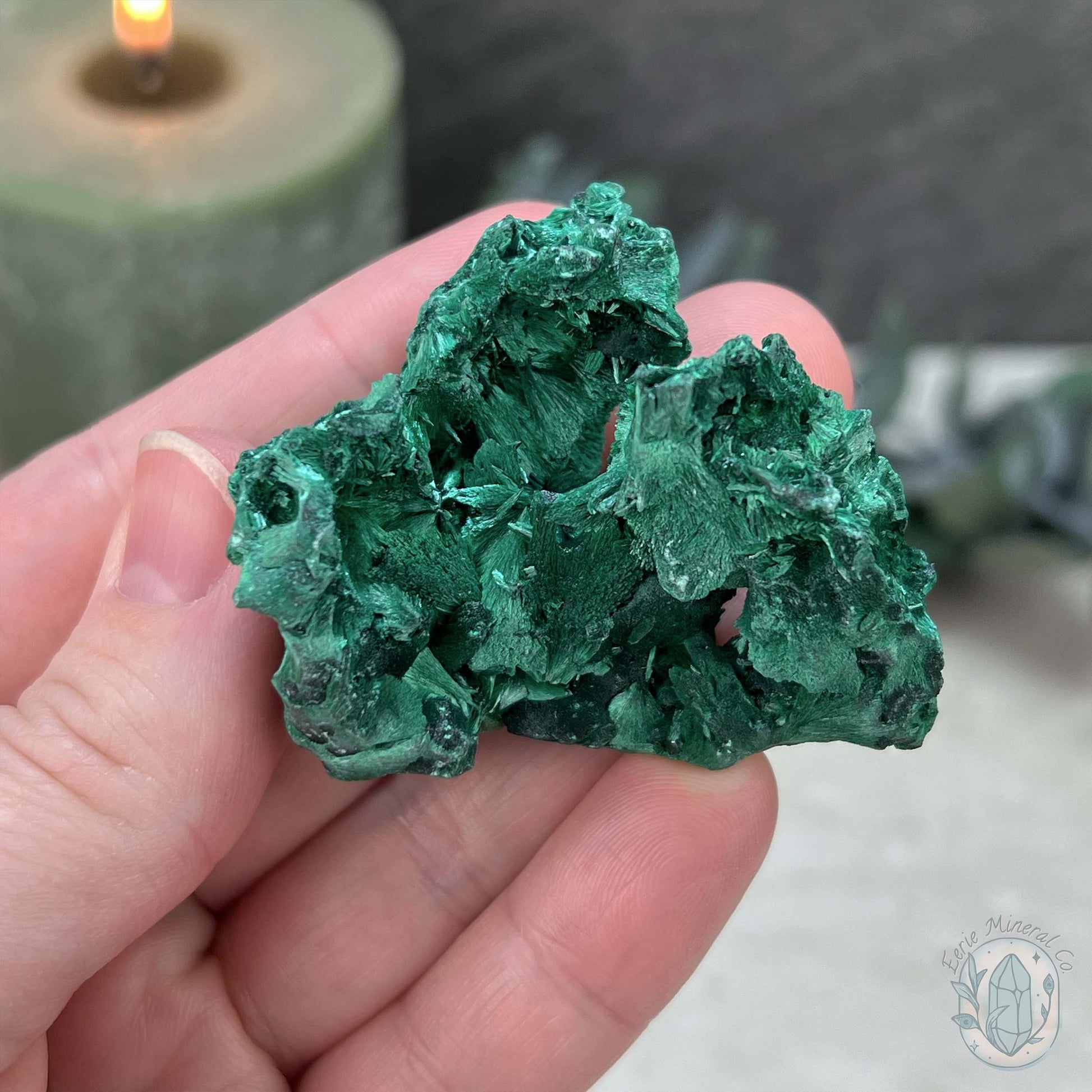 Natural Fibrous Silky Malachite Specimen With Stand