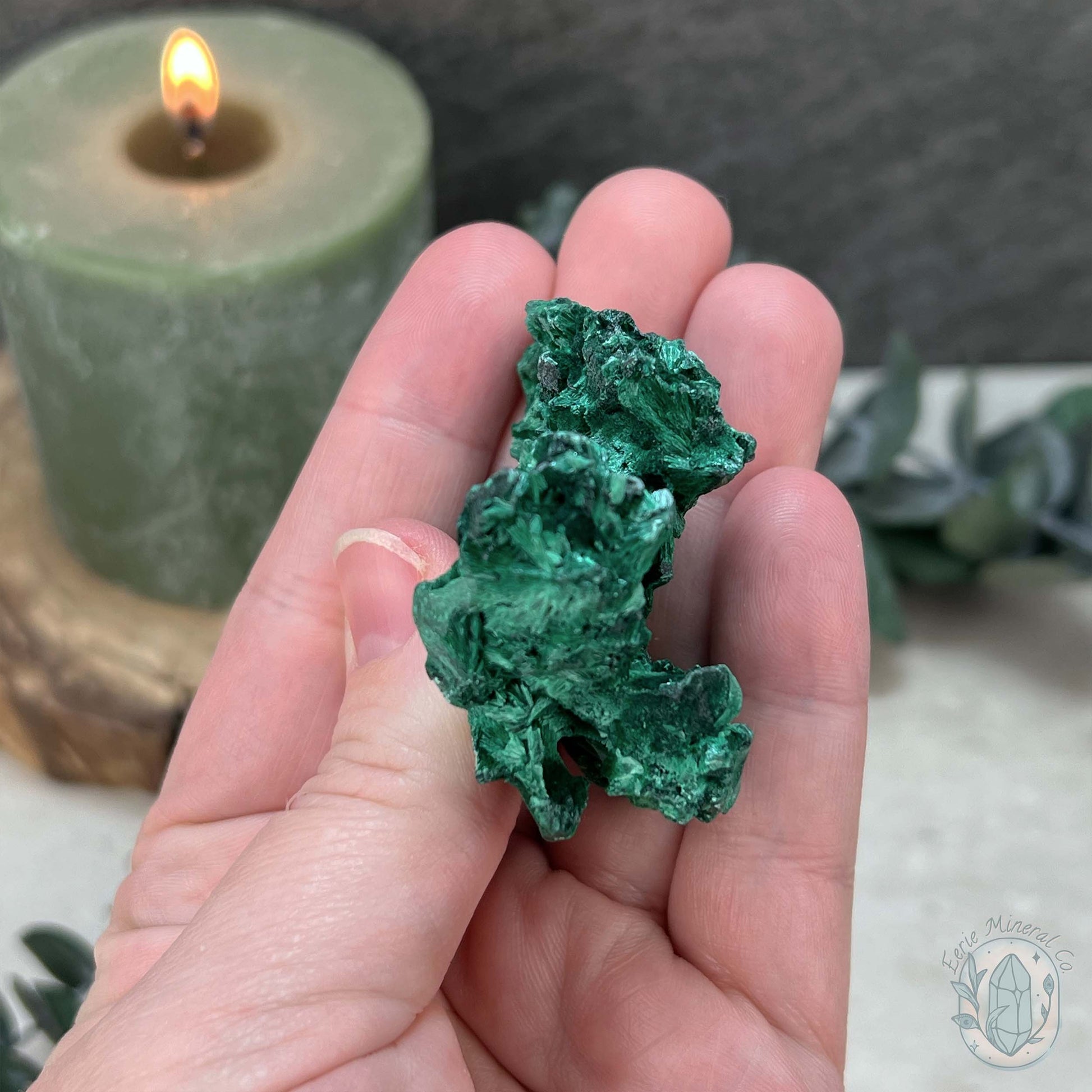 Natural Fibrous Silky Malachite Specimen With Stand