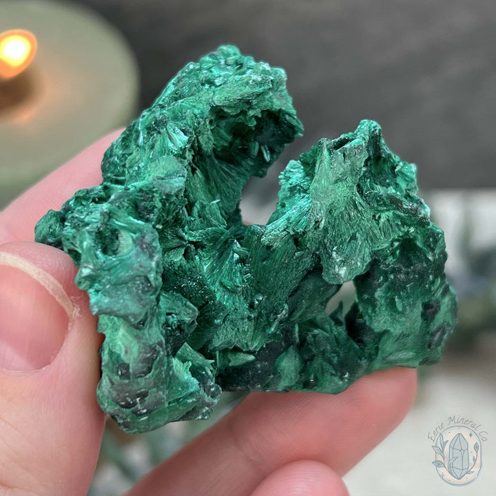 Natural Fibrous Silky Malachite Specimen With Stand